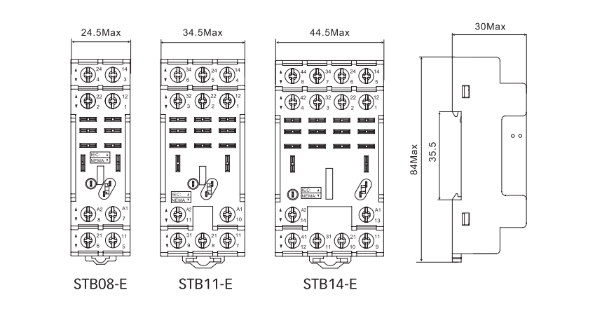 Размеры гнезда STB08-E, STB11-E и STB14-E RKL (мм)